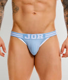 JOR College Jockstrap Blue - men's low-rise cotton jockstrap with contoured pouch, front view