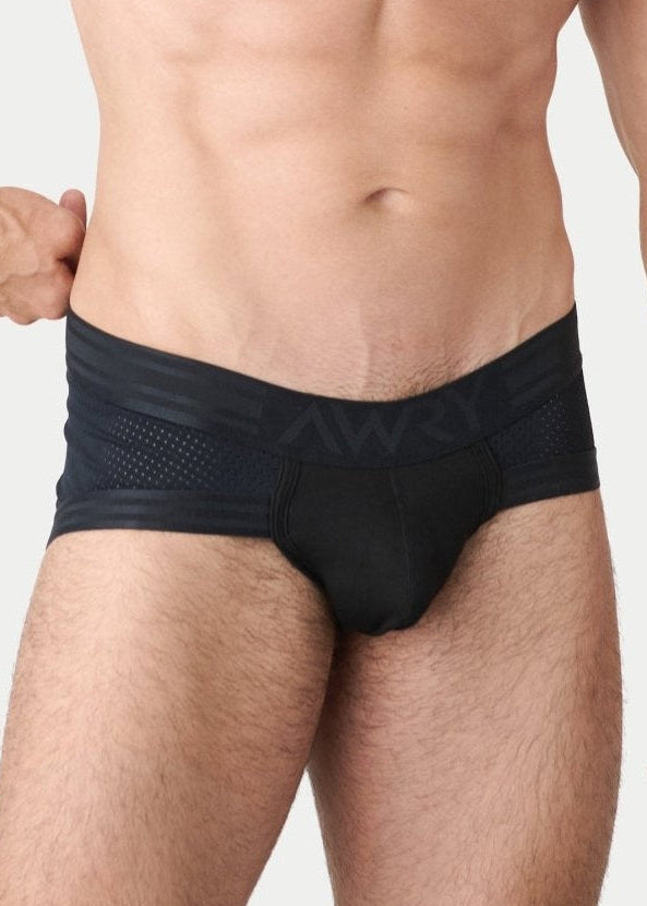 Awry Lift Brief Black — men's performance activewear brief with built-in jockstrap, front view