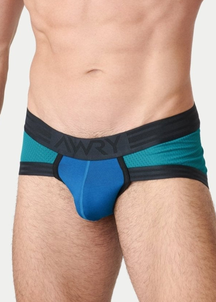 Awry Lift Brief Blue Lagoon — men's performance activewear brief with built-in jockstrap, front view