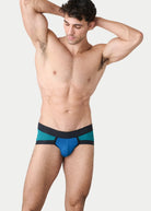Awry Lift Brief Blue Lagoon — detail shot of branded waistband and 4-way stretch mesh fabric