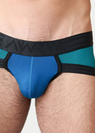 Awry Lift Brief Blue Lagoon — side profile showing 2-ply front pouch and low-rise brief cut