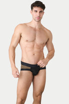 Awry Lift Brief Moss Black - front view showing moss green mesh and black waistband, model lifestyle shot