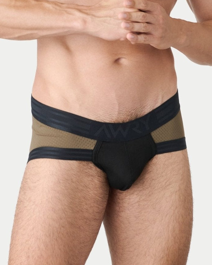 Awry Lift Brief Moss Black - men's brief with built-in jockstrap, front view