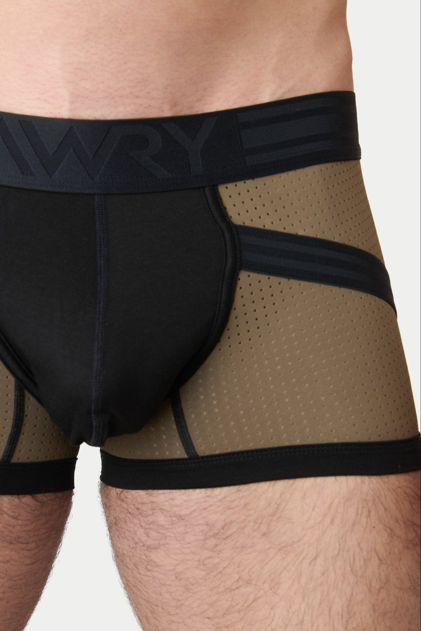 Awry Lift Trunk Moss Black - breathable 4-way stretch mesh fabric detail, rear view