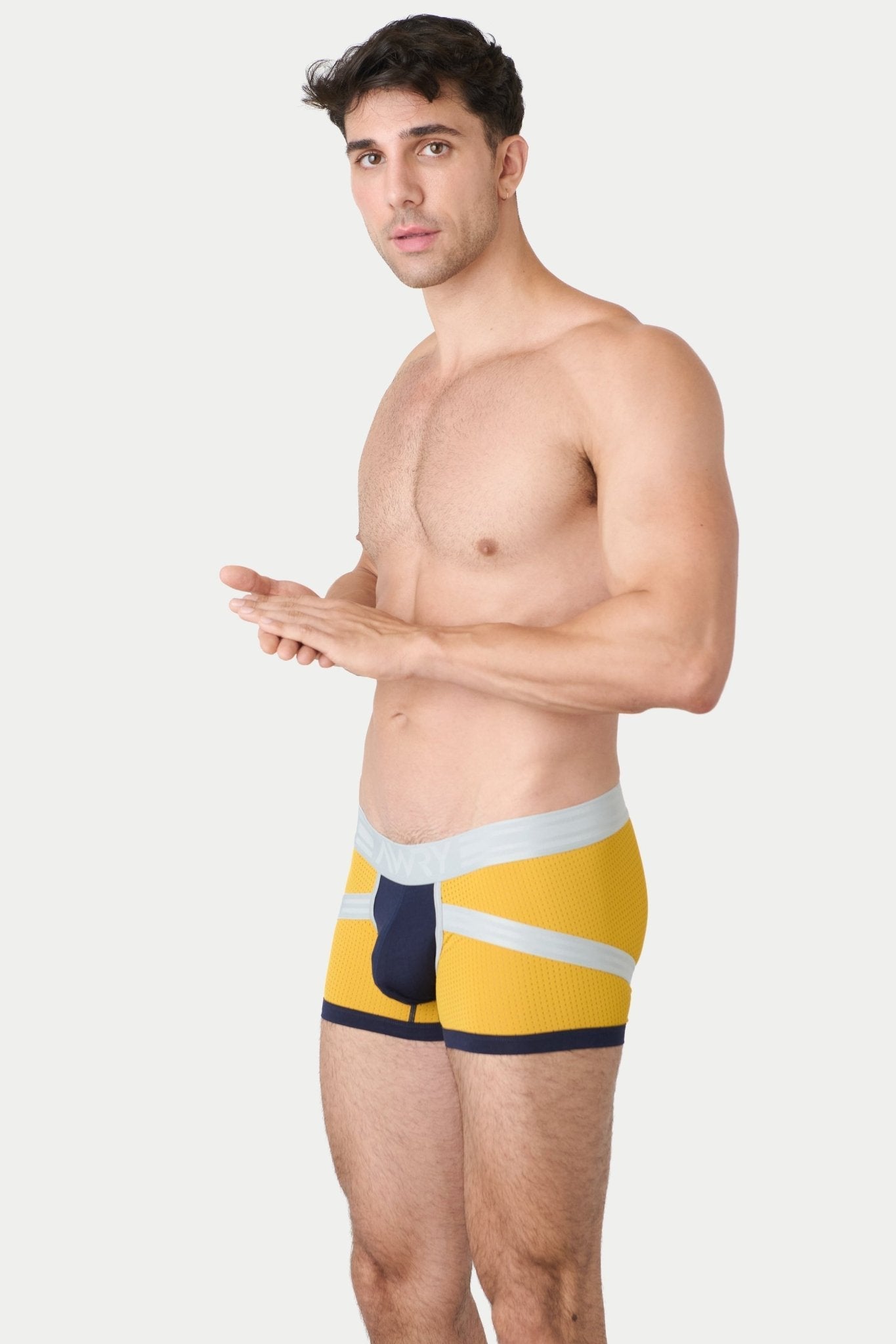 Awry Lift Trunk Navy Gold - branded waistband detail on men's trunk underwear