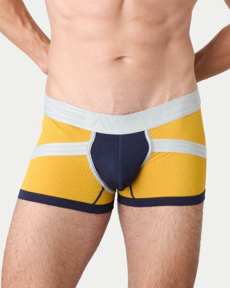 Awry Lift Trunk Navy Gold - men's enhancing trunk with built-in jockstrap, front view