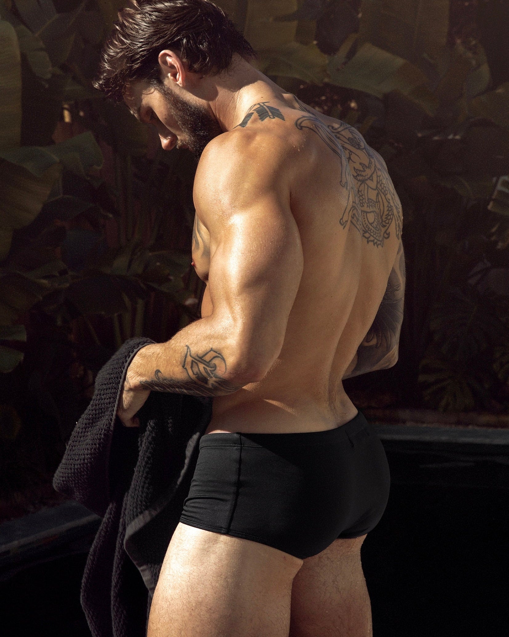 Étalon Black Swim Sunga - mens swim briefs embroidered logo detail, rear close-up