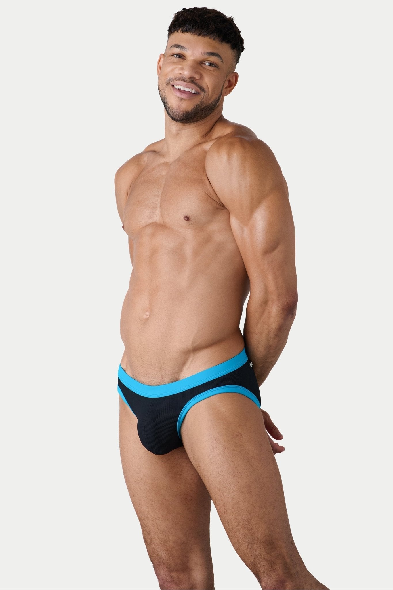 AWRY Oasis Contrast Swim Briefs Black & Aqua - mens swim briefs front view