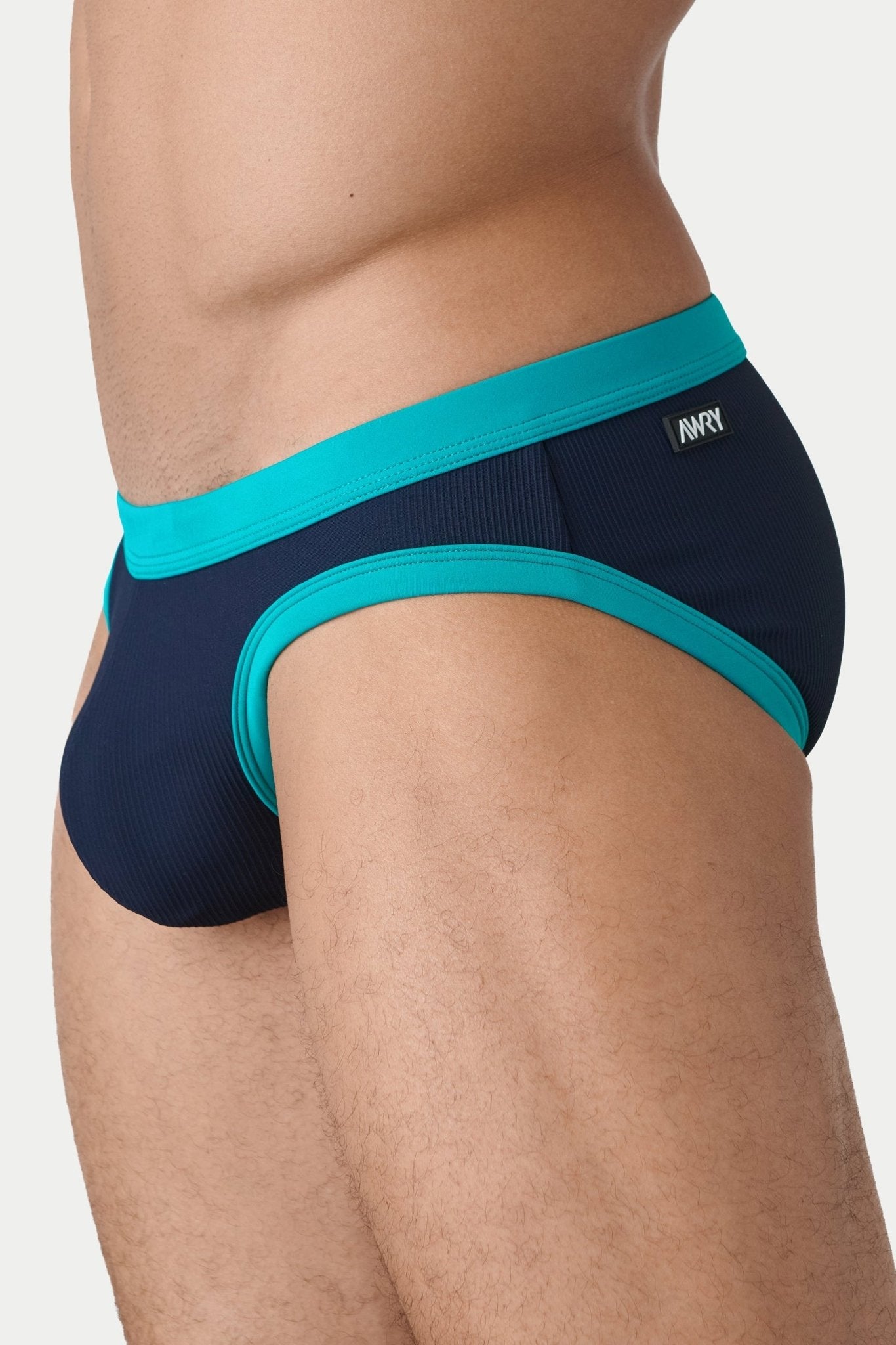AWRY Oasis Contrast Swim Briefs Navy & Teal - mens swim briefs side profile
