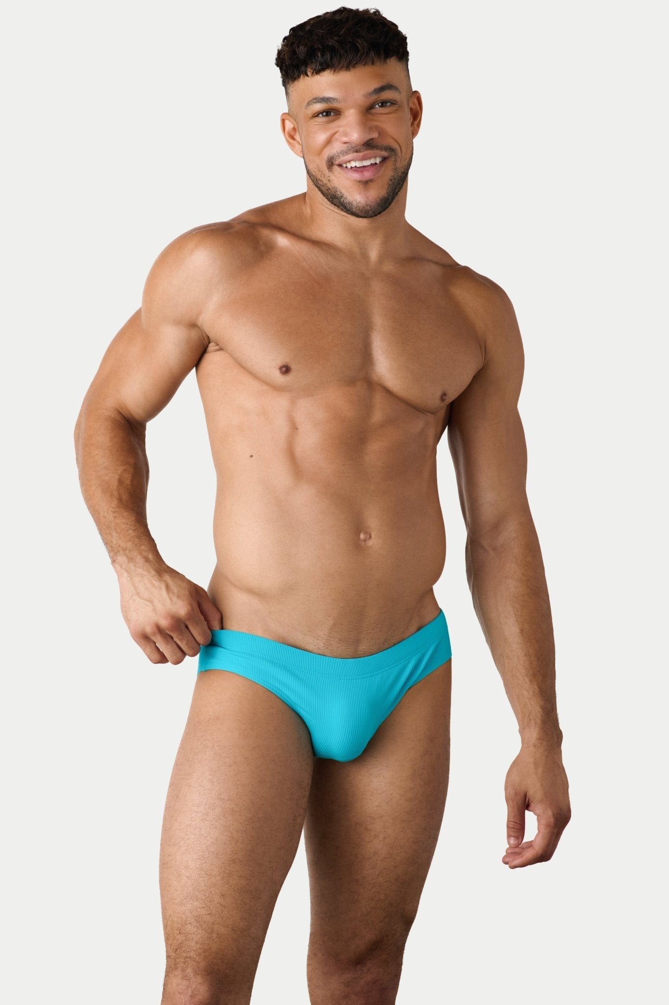 AWRY Oasis Swim Briefs Cyan - men's swim brief waistband detail