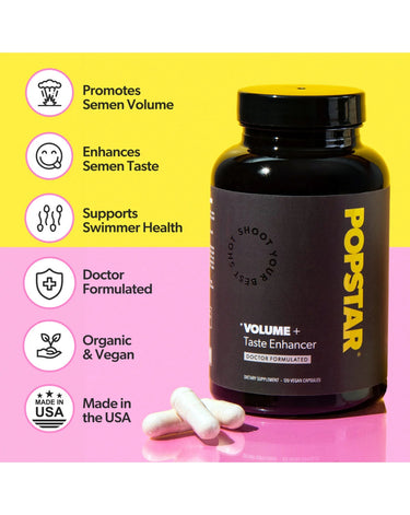 Popstar Volume + Taste Enhancer benefits graphic: promotes semen volume, enhances taste, supports sperm health, vegan, doctor-formulated, Made in USA