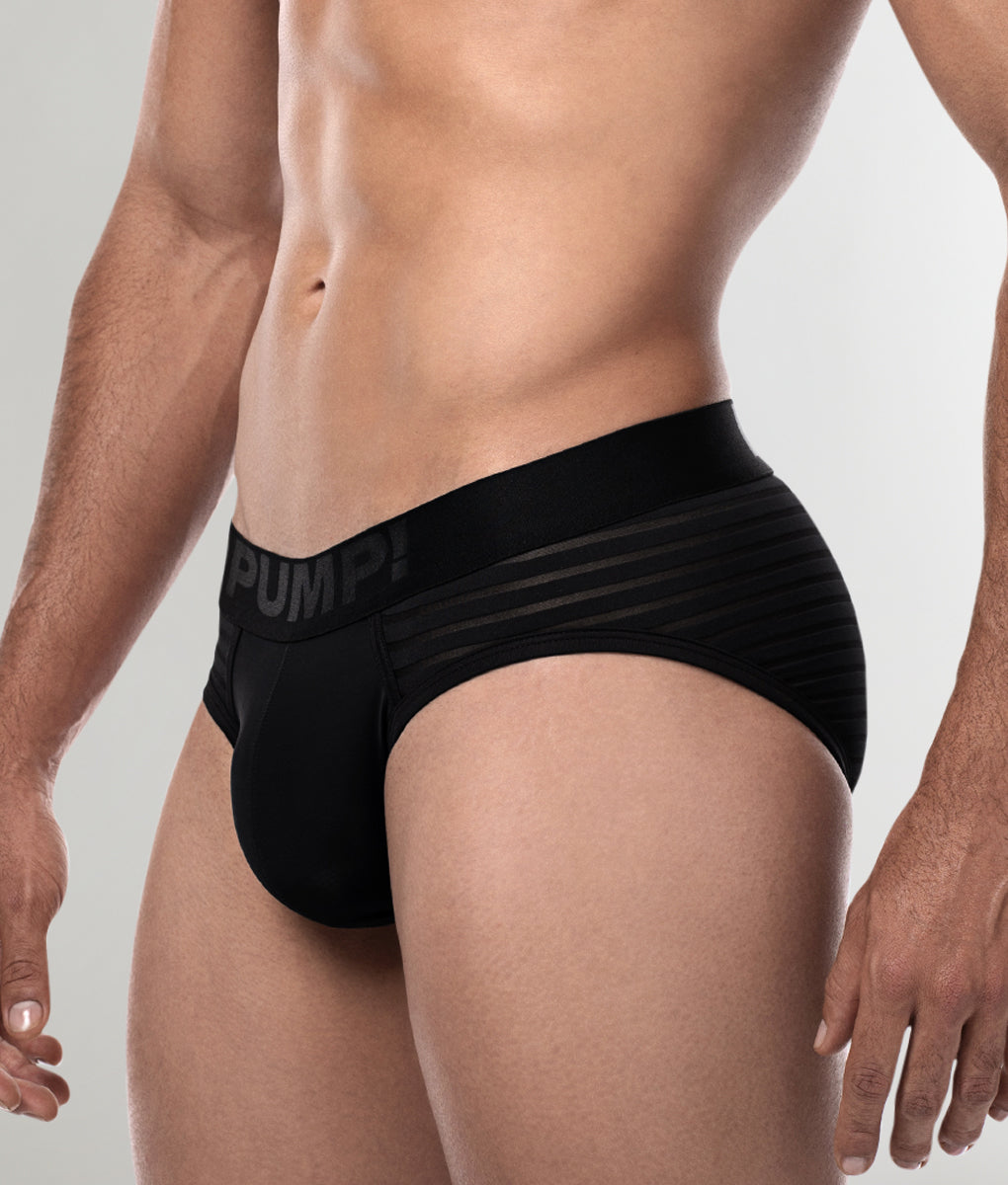 PUMP! Whisper Black Brief Black - men's semi-sheer striped brief with lined nylon microfiber cup, side view