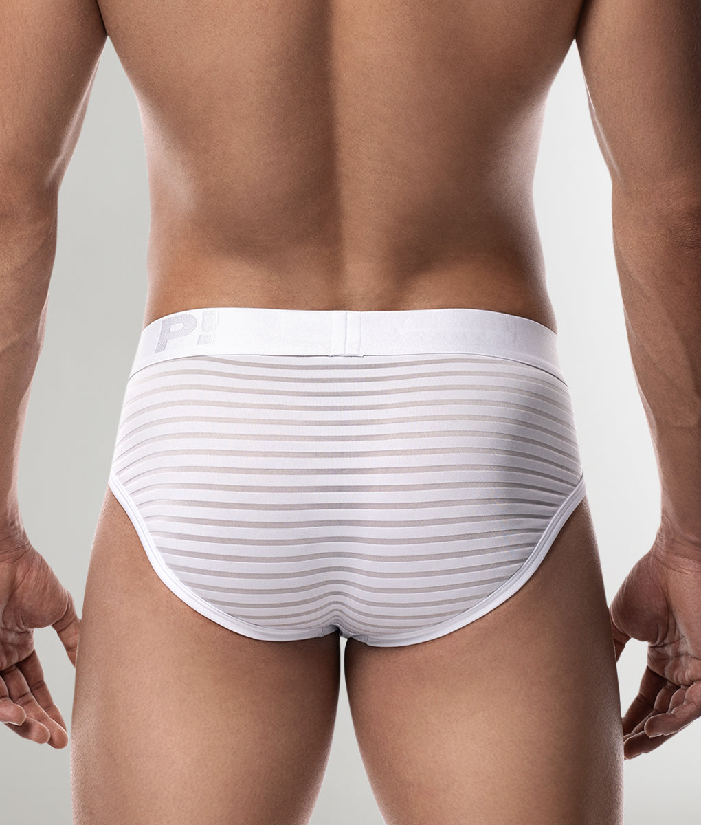 PUMP! Whisper White Brief White - men's semi-sheer striped brief with lined nylon microfiber cup, back view
