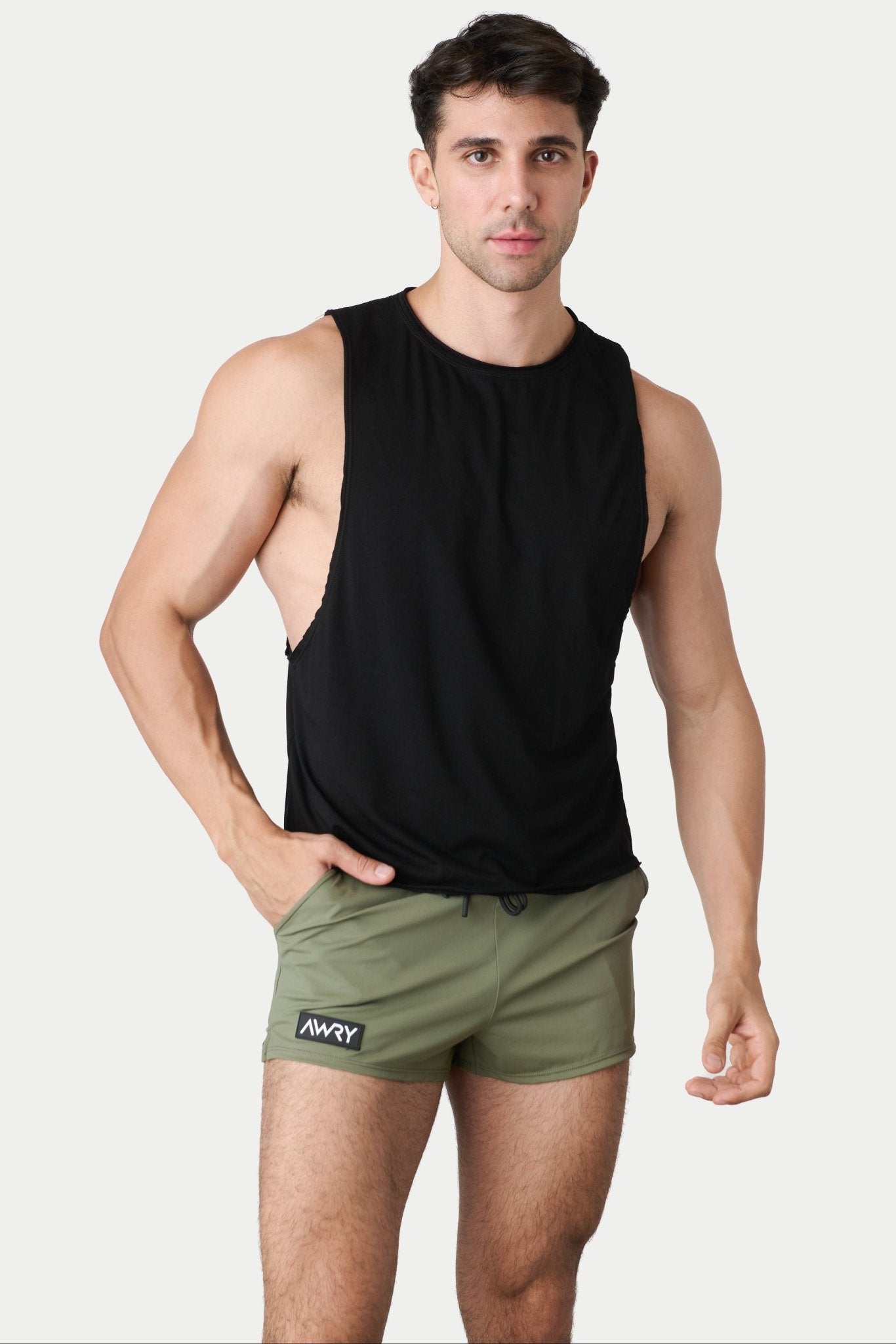 Awry Raw Crop Tank Black — men's cotton-modal activewear crop tank with raw edges, front view