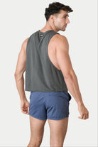 Awry Raw Crop Tank Charcoal — close-up of raw unfinished edge at collar and armhole