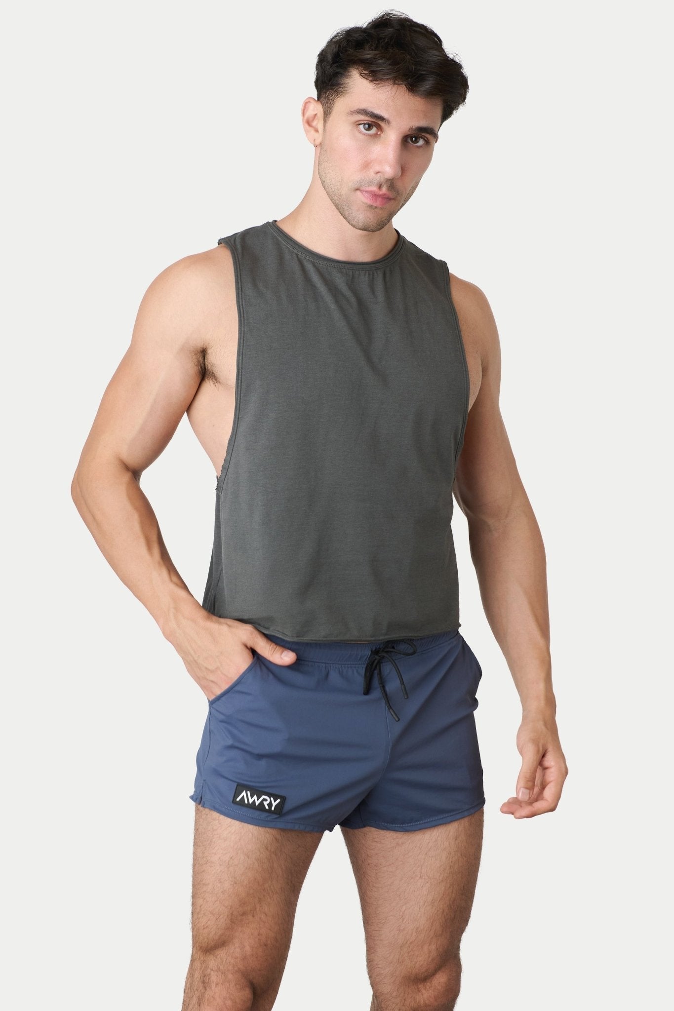 Awry Raw Crop Tank Charcoal — men's cotton-modal activewear crop tank with raw edges, front view