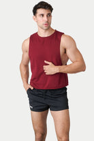Awry Raw Crop Tank Maroon — men's cotton-modal activewear crop tank with raw edges, front view