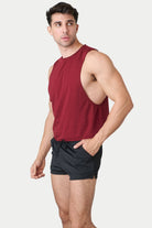 Awry Raw Crop Tank Maroon — rear view showing open back and raw hem edge detail