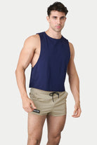 Awry Raw Crop Tank Navy — men's cotton-modal activewear crop tank with raw edges, front view