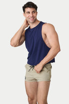 Awry Raw Crop Tank Navy — rear view showing open back and raw hem edge detail