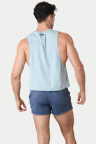 Awry Raw Crop Tank Soft Blue — close-up of raw unfinished edge at collar and armhole