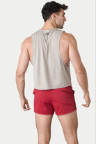 Awry Raw Crop Tank Taupe — close-up of raw unfinished edge at collar and armhole
