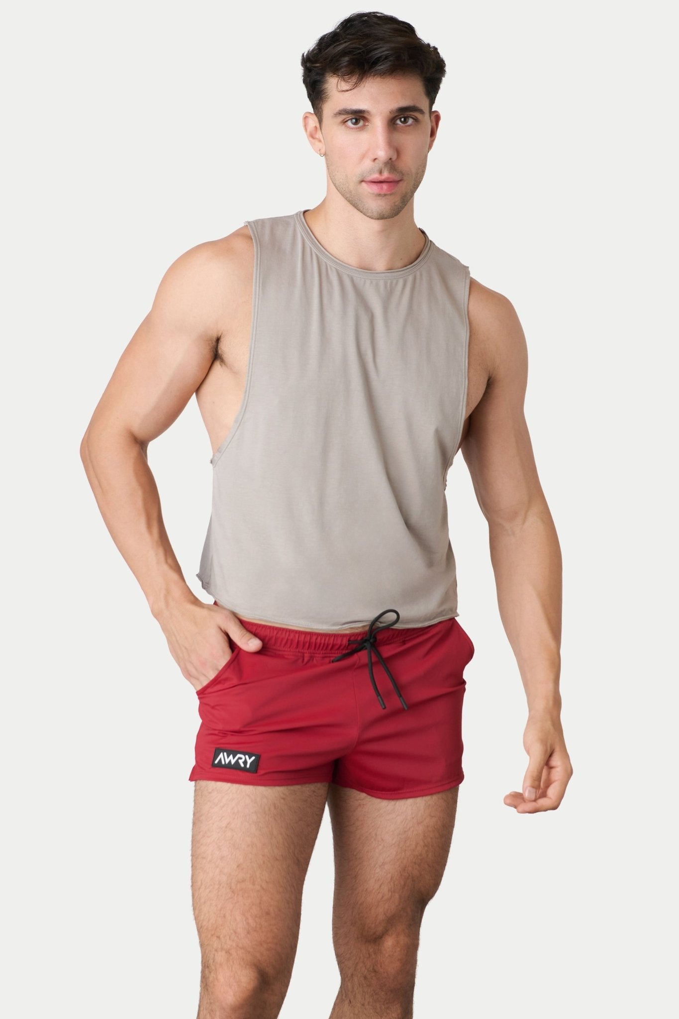 Awry Raw Crop Tank Taupe — men's cotton-modal activewear crop tank with raw edges, front view