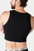 Awry Ribbed Crop Tank Black — close-up of ribbed knit texture and hip-length crop detail