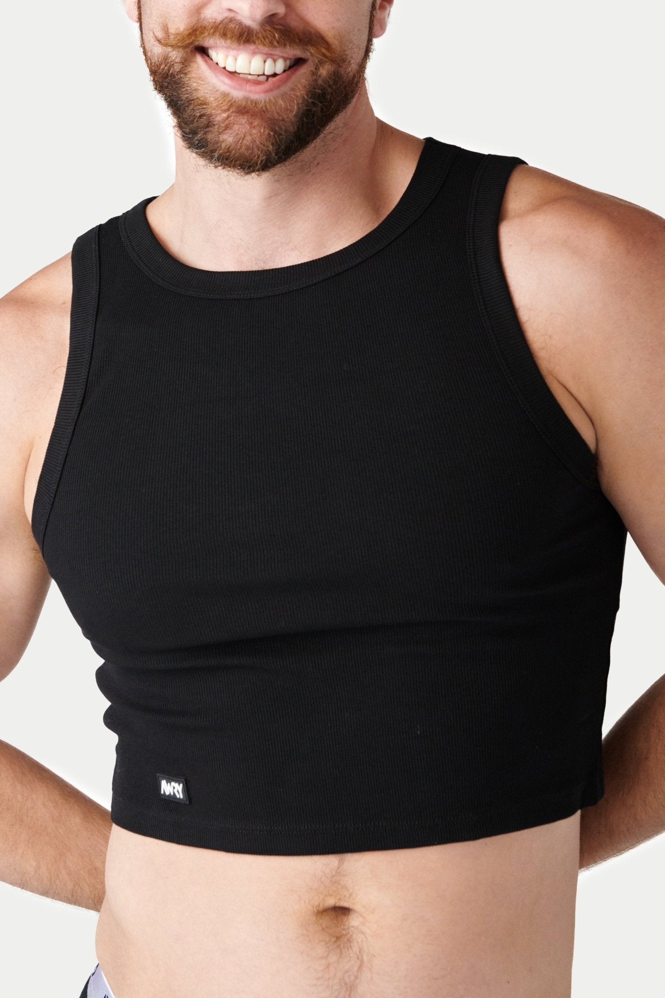 Awry Ribbed Crop Tank Black — men's cropped ribbed tank top, front view
