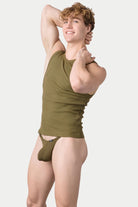 Awry Ribbed Tank Army Green — men's ribbed tank top shown with matching styles, side view