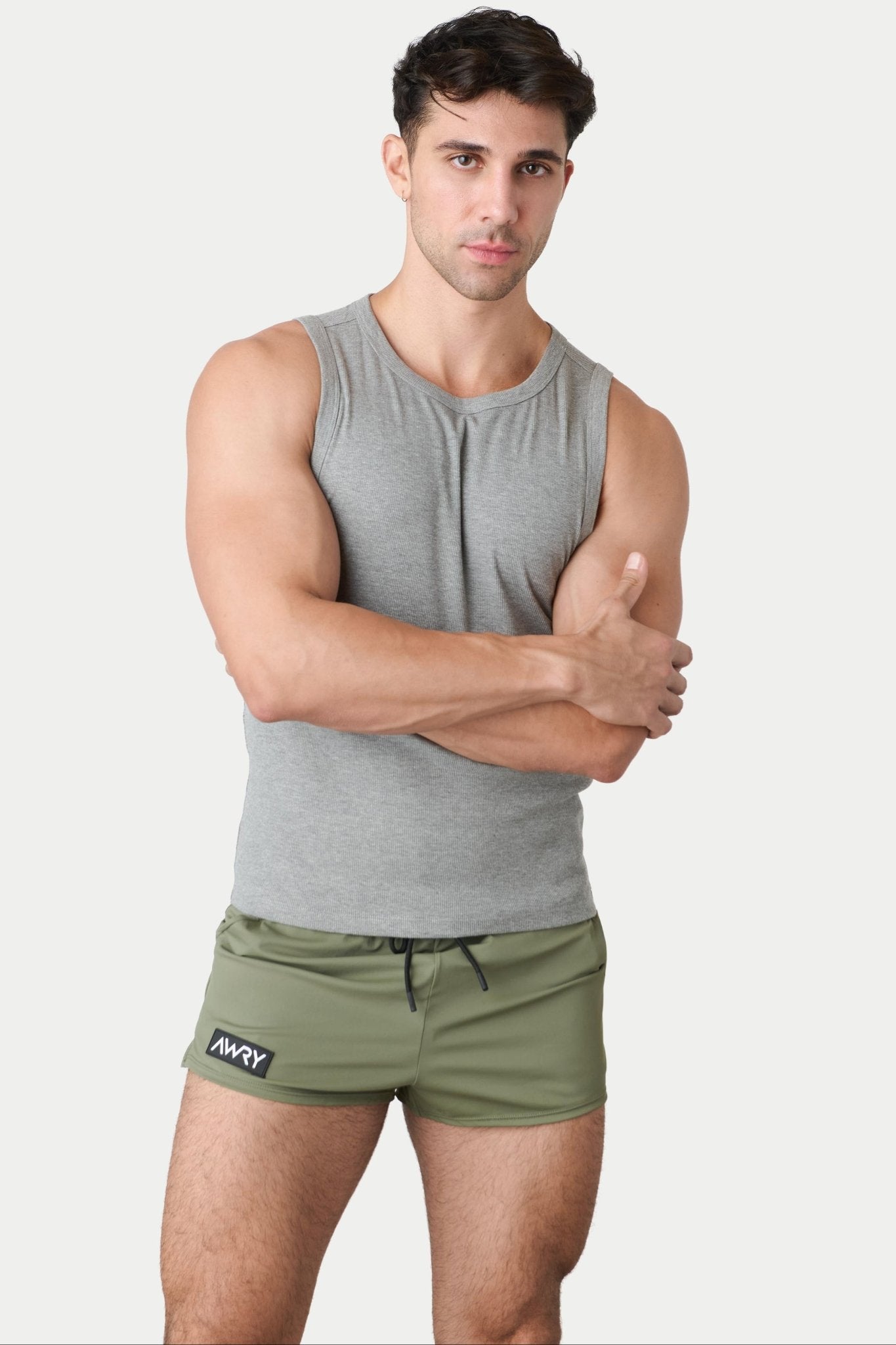 Awry Ribbed Tank Heather Gray — men's cropped ribbed tank top, front view