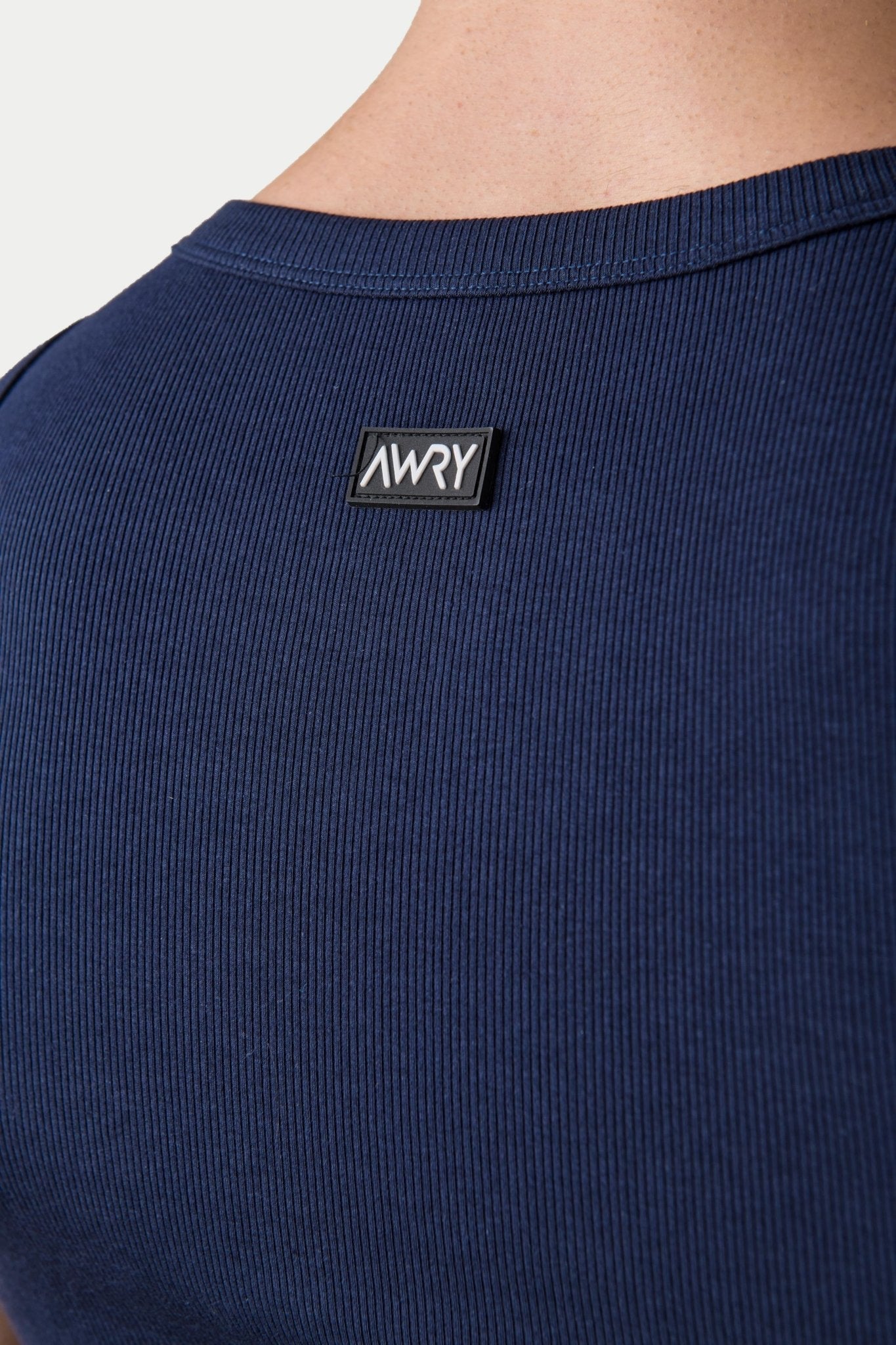 Awry Ribbed Tank Navy — men's fitted ribbed tank top, back view