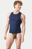 Awry Ribbed Tank Navy — men's cropped ribbed tank top, front view
