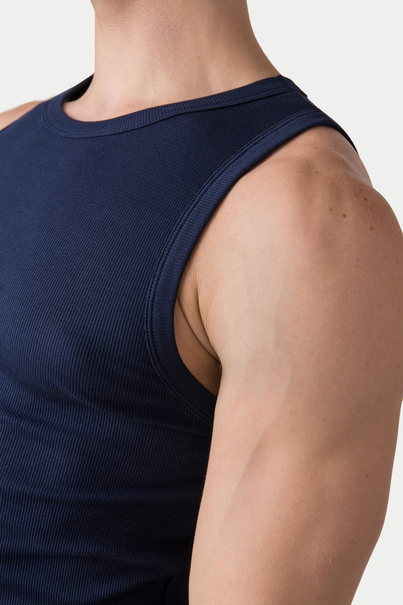 Awry Ribbed Tank Navy — men's soft ribbed cropped tank, alternate size view