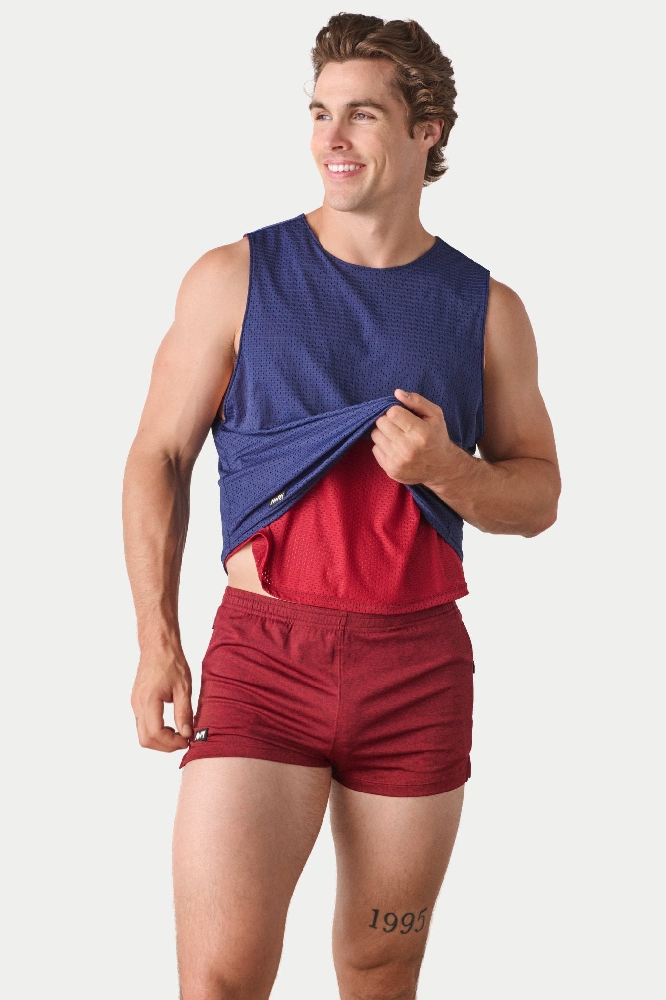 Awry Rookie Reversible Tank Navy & Red — men's mesh crop tank side one, front view