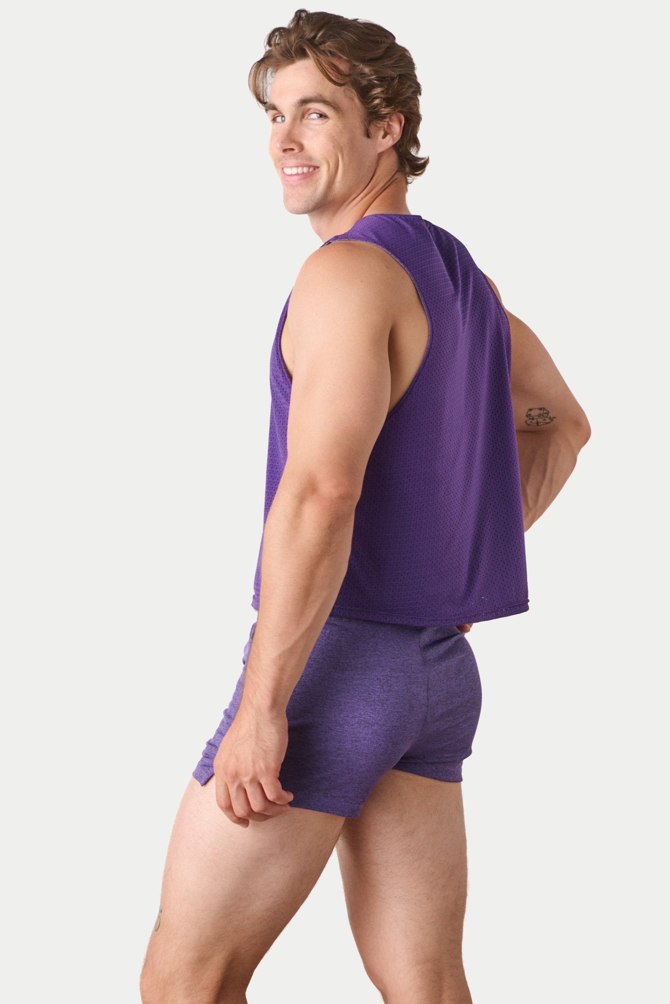 Awry Rookie Reversible Tank Purple & Slate — detail of reversible mesh fabric and basketball jersey-inspired design