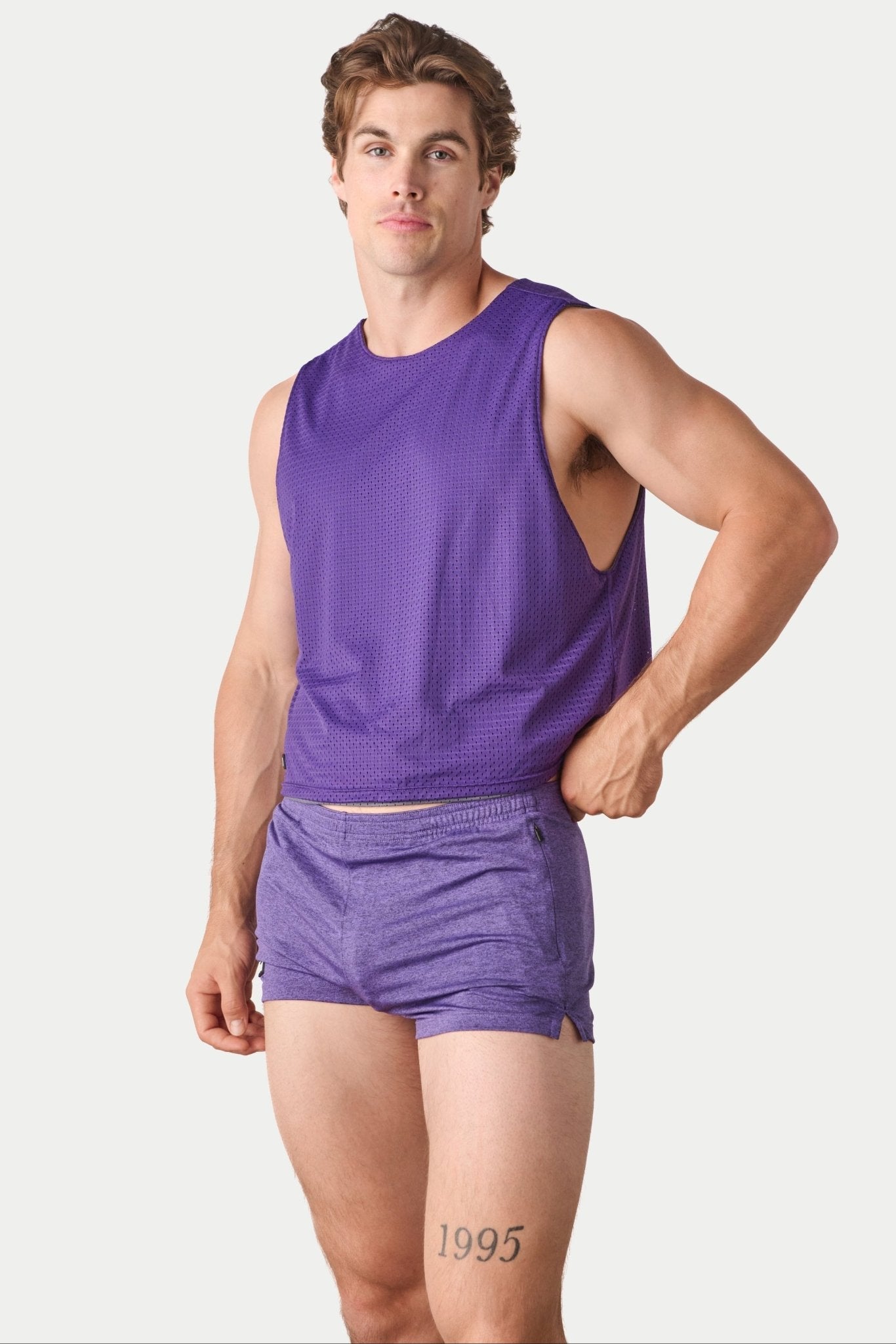 Awry Rookie Reversible Tank Purple & Slate — men's mesh crop tank side one, front view