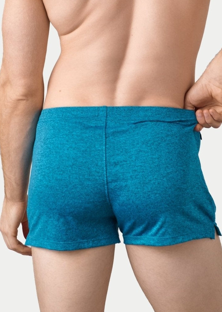 Awry Static Short Azure — side view showing hidden zipper pocket and clean elastic waistband