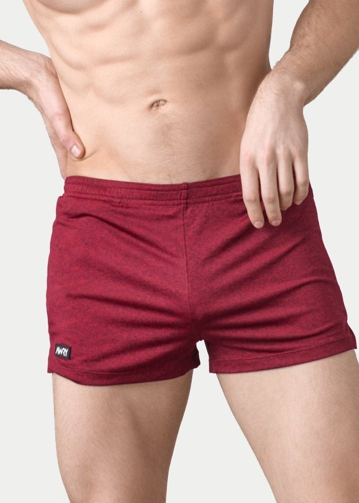 Awry Static Short Red — men's 2-inch inseam heather print athletic short, front view