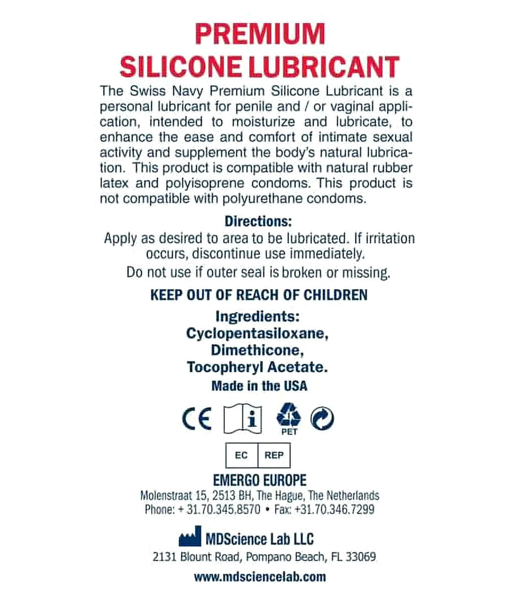 Swiss Navy Premium Silicone Lubricant 8oz — directions for use and ingredients