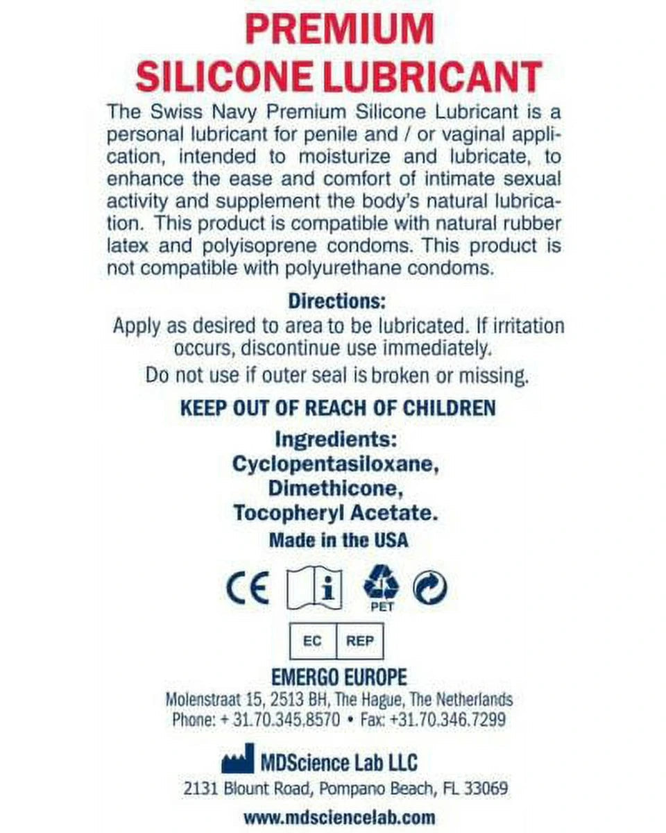 Swiss Navy Premium Silicone Lubricant 8oz — directions for use and ingredients