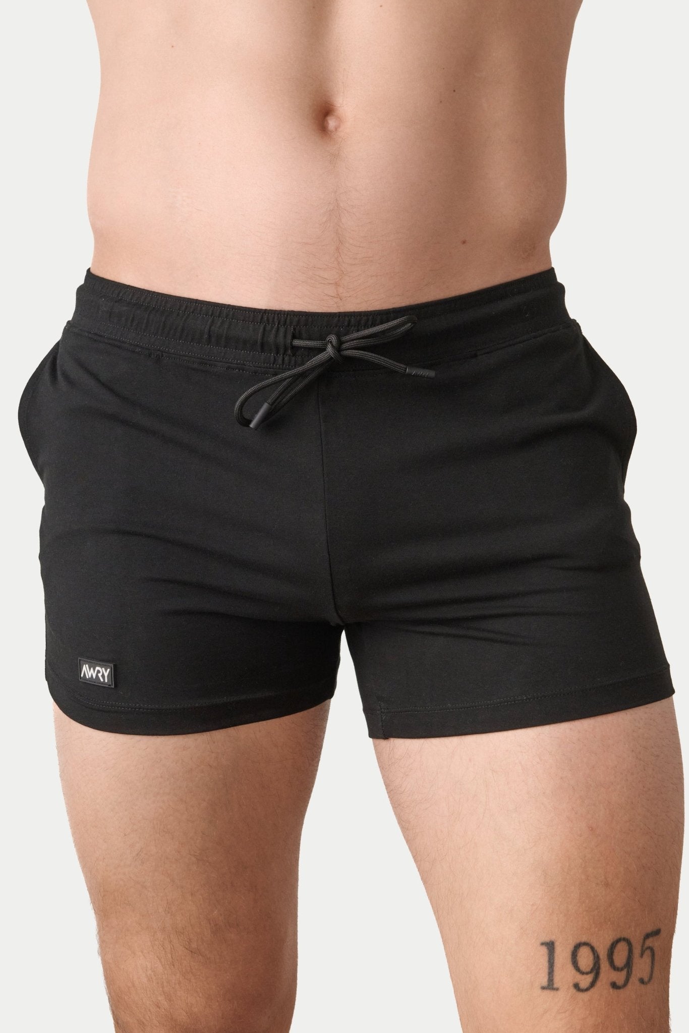 Awry Vers Short V2.1 Black — men's bamboo athletic short, front view showing form-fitting 4-inch inseam