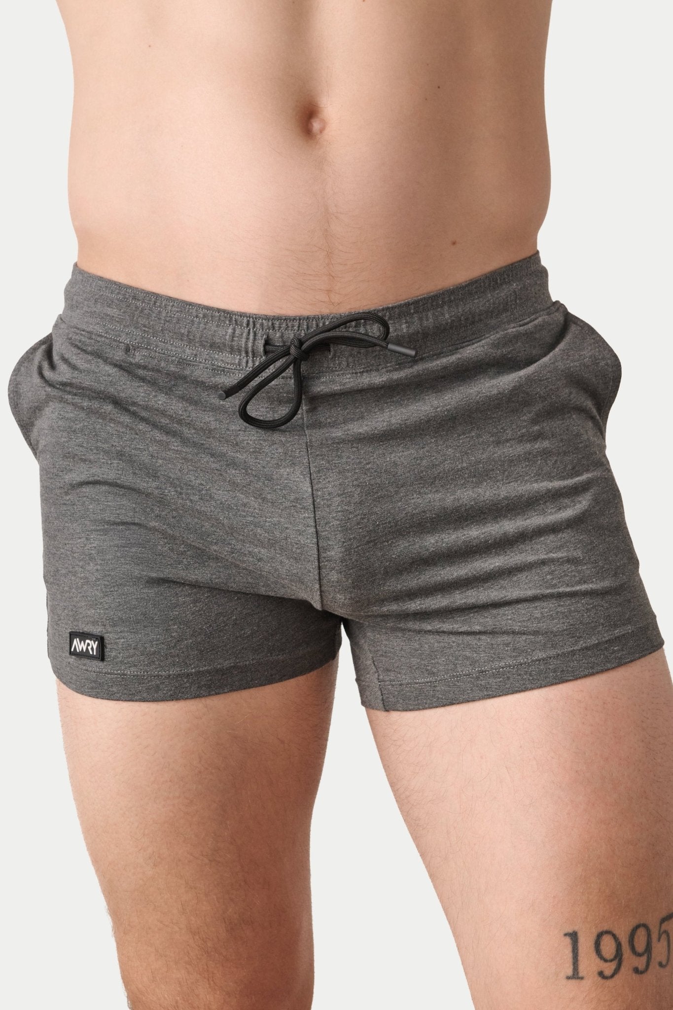Awry Vers Short V2.1 Heather Gray — men's bamboo athletic short, front view showing form-fitting 4-inch inseam
