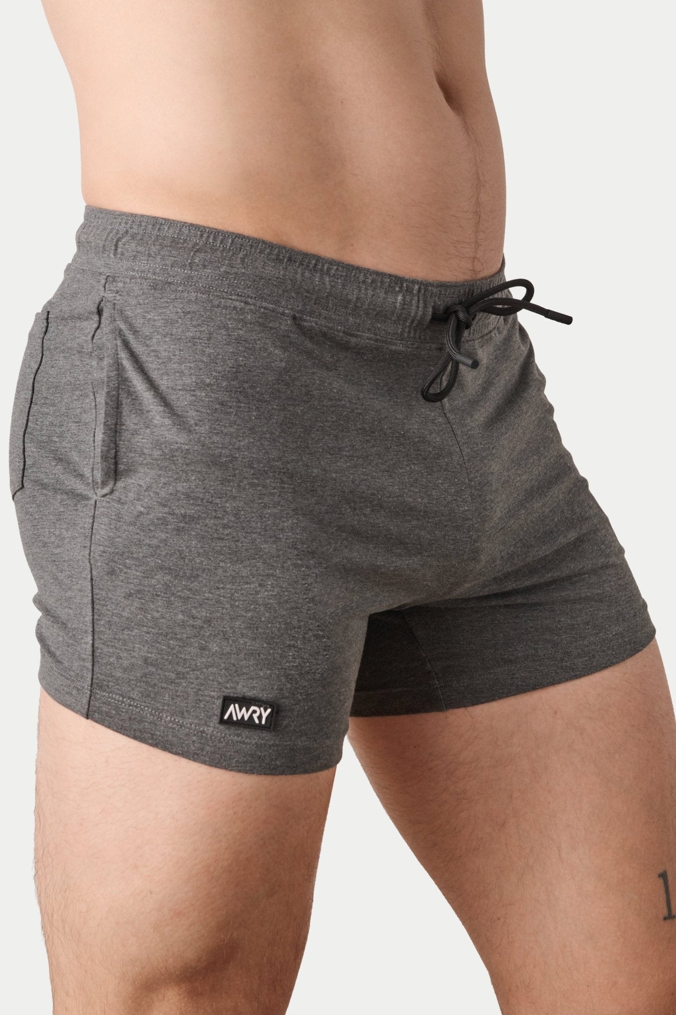 Awry Vers Short V2.1 Heather Gray — side view showing roomy front pocket and drawstring waistband