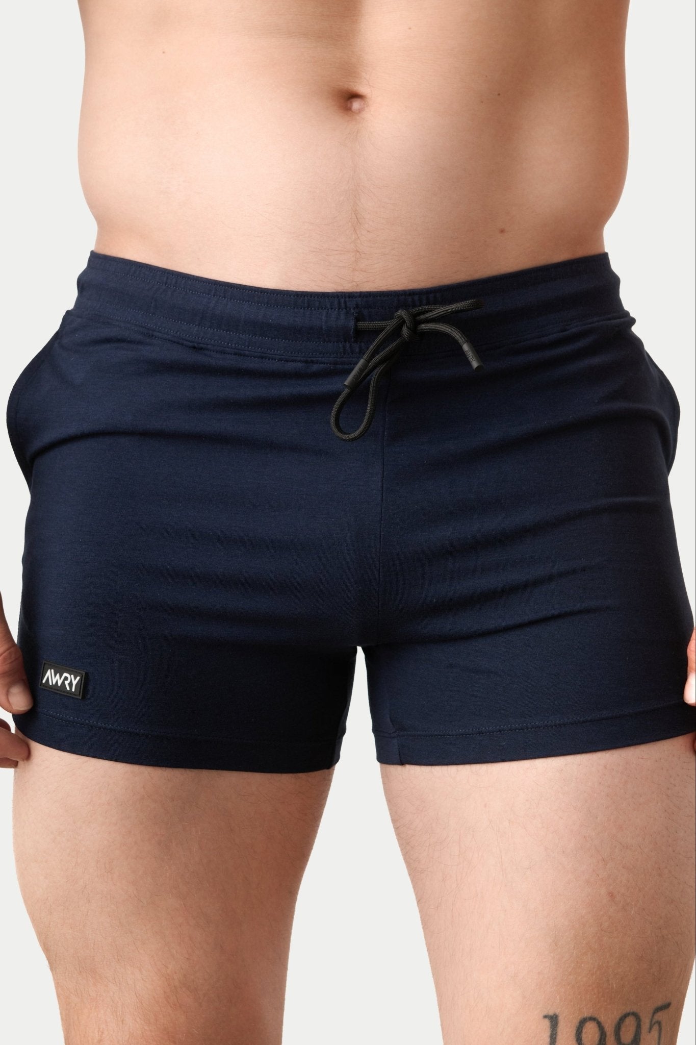 Awry Vers Short V2.1 Navy — men's bamboo athletic short, front view showing form-fitting 4-inch inseam