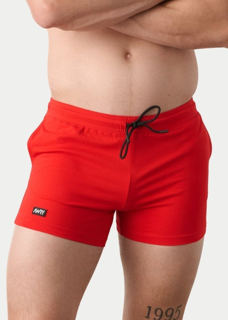 Awry Vers Short V2.1 Red — men's bamboo athletic short, front view showing form-fitting 4-inch inseam